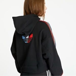 Adidas Retro Cropped Hoodie Red White Blue USA Trefoil Logo | Striped Sleeve S